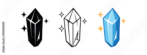 Crystal quartz point with sparkle lines for energy healing wellness and self care icon vector icon set three styles: black solid silhouette thin black outline and flat colored with solid