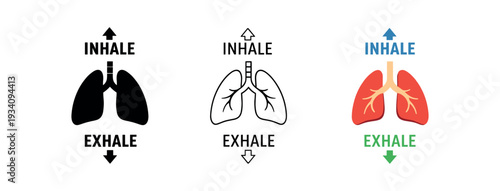 Breathing exercise diagram with lungs and inhale exhale arrows wellness and self care icon vector icon set three styles: black solid silhouette thin black outline and flat colored with