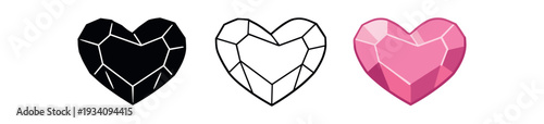 Rose quartz heart shaped crystal for self love ritual wellness and self care icon vector icon set three styles: black solid silhouette thin black outline and flat colored with solid fills.