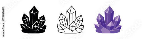 Amethyst crystal cluster with purple color for stress relief wellness and self care icon vector icon set three styles: black solid silhouette thin black outline and flat colored with solid