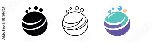 Bath bomb round fizzing ball with swirl pattern home spa and bath icon vector icon set three styles: black solid silhouette thin black outline and flat colored with solid fills. Clean