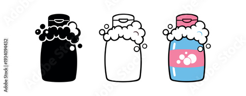 Bubble bath bottle with foam bubbles overflowing for relaxing soak home spa and bath icon vector icon set three styles: black solid silhouette thin black outline and flat colored with solid