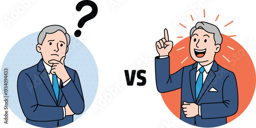 Confused versus confident businessman comparison, decision making and idea concept, problem solving and strategic thinking illustration artwork