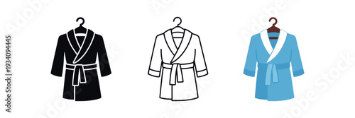 Fluffy bathrobe on hanger for spa relaxation wear home spa and bath icon vector icon set three styles: black solid silhouette thin black outline and flat colored with solid fills. Clean