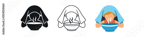Face steam bowl with towel over head for pore opening treatment home spa and bath icon vector icon set three styles: black solid silhouette thin black outline and flat colored with solid