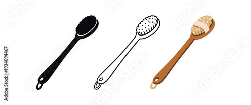 Dry brush with long handle for body brushing ritual home spa and bath icon vector icon set three styles: black solid silhouette thin black outline and flat colored with solid fills. Clean
