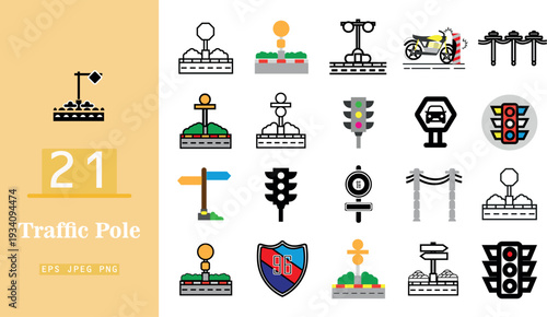 A flat vector set of twenty-one traffic pole icons including street lights and road signs