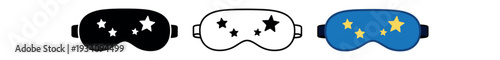 Sleep eye mask with stars pattern for nighttime rest sleep and recovery icon vector icon set three styles: black solid silhouette thin black outline and flat colored with solid fills. Clean
