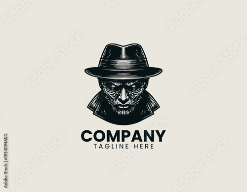 Horror style scarred man wearing fedora black vector logo illustration isolated on white background