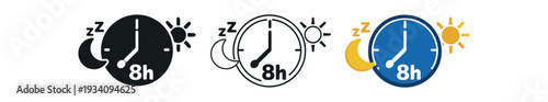 Eight hours sleep clock with moon and sun for ideal rest duration sleep and recovery icon vector icon set three styles: black solid silhouette thin black outline and flat colored with solid
