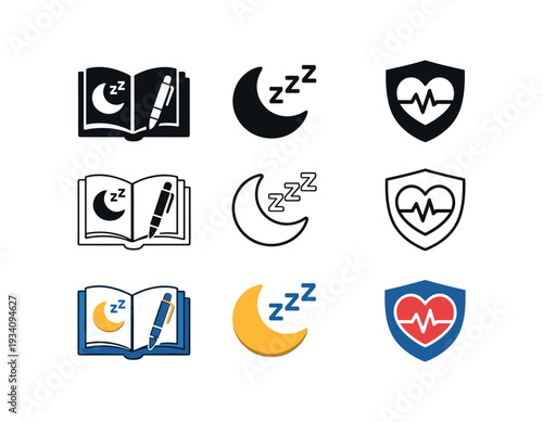 Sleep journal open with pen and moon for tracking rest quality sleep and recovery icon vector icon set three styles: black solid silhouette thin black outline and flat colored with solid
