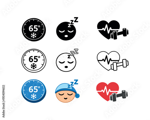 Thermostat with cool temperature setting for optimal sleep environment sleep and recovery icon vector icon set three styles: black solid silhouette thin black outline and flat colored with