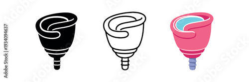 Menstrual cup with fold and stem for eco period care women' health and wellness icon vector icon set three styles: black solid silhouette thin black outline and flat colored with solid