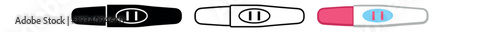 Pregnancy test positive two lines for conception confirmation women' health and wellness icon vector icon set three styles: black solid silhouette thin black outline and flat colored with