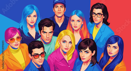 Vibrant Pop Art Diverse Group Portrait: Young Professionals and Creatives with Bold Style