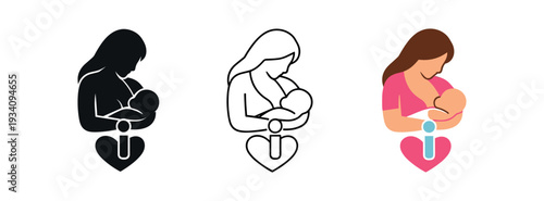 Breastfeeding silhouette with nursing symbol for postpartum care women' health and wellness icon vector icon set three styles: black solid silhouette thin black outline and flat colored