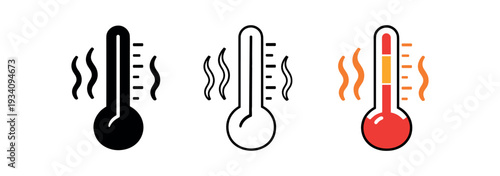 Menopause thermometer with hot lines for hormonal transition women' health and wellness icon vector icon set three styles: black solid silhouette thin black outline and flat colored with