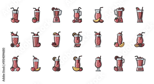 Assortment of vibrant and delicious fruit smoothie illustrations with blenders and glasses