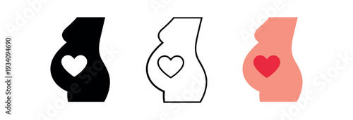 Pregnant belly silhouette with heart for maternity wellness women' health and wellness icon vector icon set three styles: black solid silhouette thin black outline and flat colored with