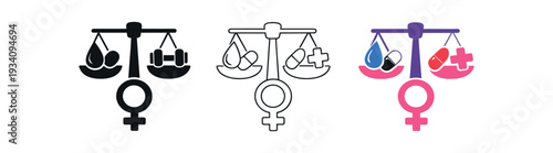 Hormone balance scale with female symbol for endocrine health women' health and wellness icon vector icon set three styles: black solid silhouette thin black outline and flat colored with