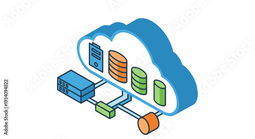 Cloud computing illustration depicting server infrastructure and data storage concepts