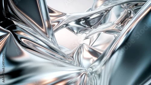 Metallic abstract composition with flowing, crumpled silver surfaces reflecting light, creating dynamic shapes and textures in a visually engaging environment