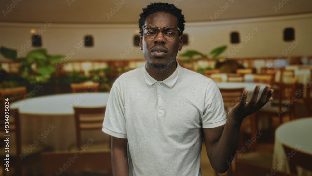 Obraz premium African american man wearing white polo shirt raising right hand gesture inside restaurant building; confusion.