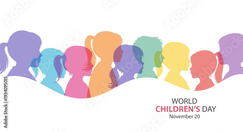 World Children's Day Banner: Diverse Kids Silhouettes in Colorful Translucent Profiles, November 20