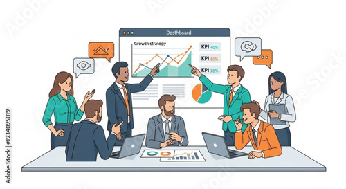 Business team discussing growth strategy with charts and graphs on screen