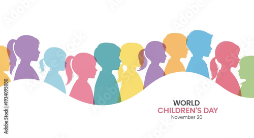 World Children's Day Diverse Silhouettes Vector. Global Kids Unity, Rights & Future. November 20 Celebration Background.