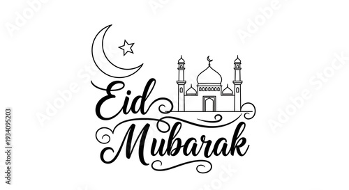 Eid mubarak greeting with mosque and crescent moon