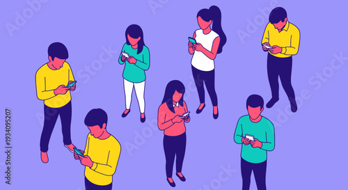 Isometric illustration of diverse people engrossed in smartphones, highlighting modern mobile communication, social media, and digital lifestyle.