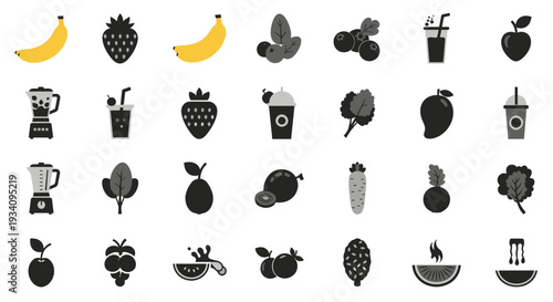 Healthy food icons representing fruits, vegetables, smoothies, and blenders for culinary design
