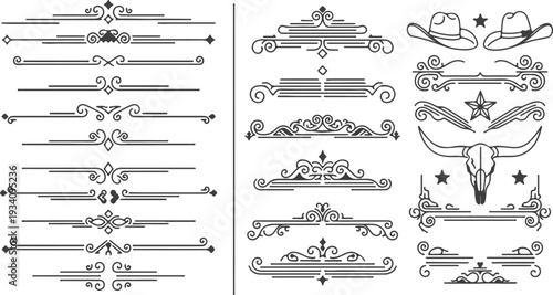 Old western style decorative line dividers vector set. Vintage ornamental border elements
