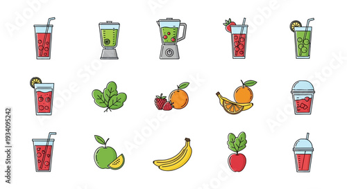 Healthy drink and fresh fruit icons set featuring smoothies and juice, perfect for wellness