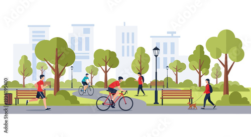 People enjoying outdoor activities in a green city park with modern buildings in background