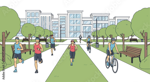 People jogging and cycling in a modern city park with trees and buildings