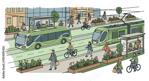Sustainable Urban Transportation: Green Bus, Tram, Cyclists, and Pedestrians in a Modern City