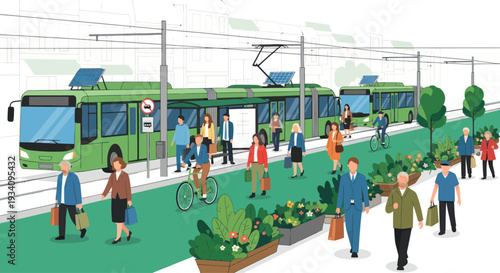 Green City Transportation: People, Tram, Cycling, Solar Power, Urban Greenery