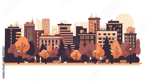 Autumn City Park with People and Dogs Walking, Flat Design Illustration