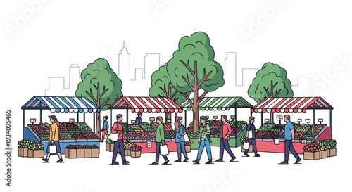People shopping at an outdoor farmers market with fresh produce and trees
