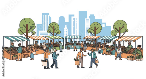 City Farmers Market Scene with People Shopping and Stalls