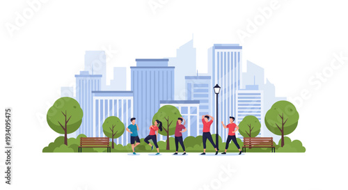 People exercising in a city park with skyscrapers in the background