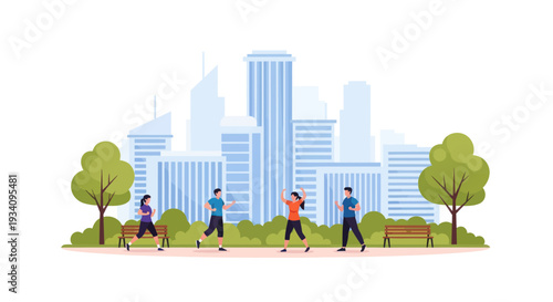 People jogging and exercising in a city park with skyscrapers in the background