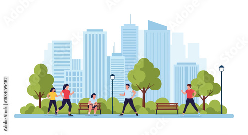 City Park Fitness - People Exercising Outdoors with Urban Skyline Background