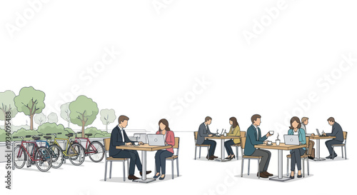 Outdoor cafe scene with people working on laptops and bicycles parked nearby