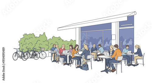 People working and studying outdoors at a modern cafe with bicycles parked nearby