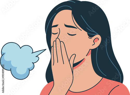 Woman covering mouth while coughing, respiratory illness symptom concept, cold flu infection and healthcare awareness illustration artwork