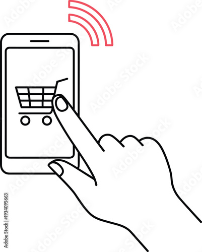 Mobile online shopping concept with smartphone and shopping cart icon, wireless ecommerce and digital payment technology illustration artwork