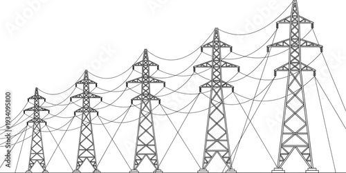 High voltage transmission towers and power lines infrastructure, black and white vector illustration of electricity grid network and industrial energy distribution system